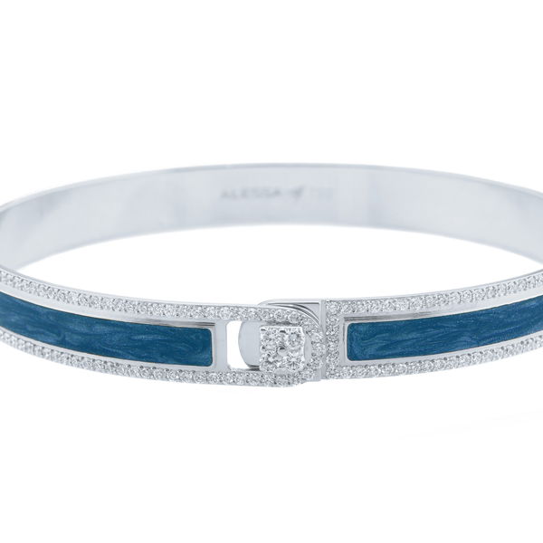 Closeup photo of Spectrum Bangle Bracelet with Sapphire Blue Enamel and White Diamonds in 18kt White Gold - Size 16