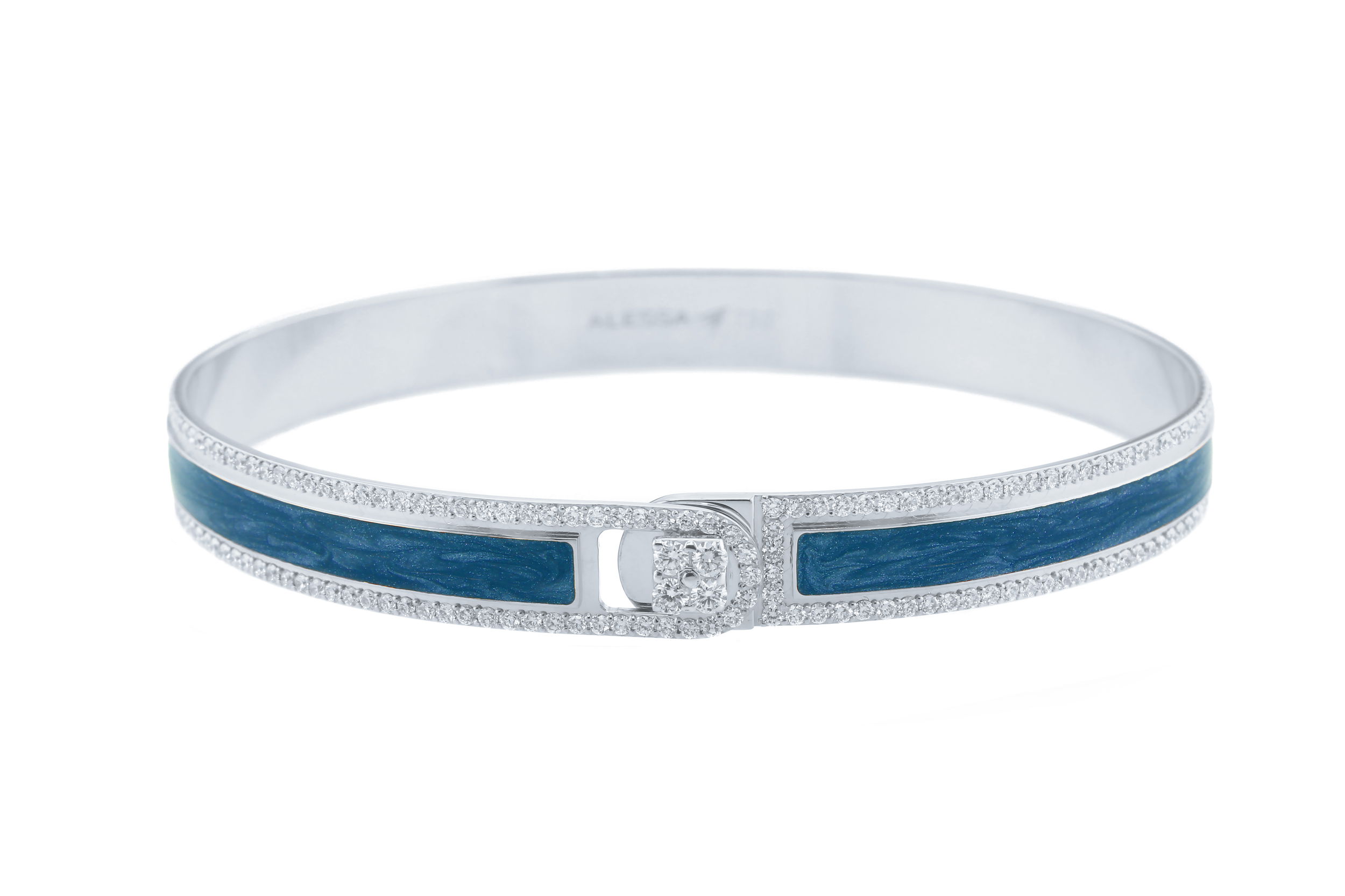 Spectrum Bangle Bracelet with Sapphire Blue Enamel and White Diamonds in 18kt White Gold - Size 17 - by Alessa Jewelry - Bangle style bracelet with secure sliding clasp perfect for stacking or wearing alone. This bracelet created in 18kt white gold with hand painted sapphire blue enamel and accented with 1.75ctw of G-H/VS-VVS white diamonds. This is an oval cuff bracelet Size 17 - Wrist measurement 15 - 15.9cm or 5.9 - 6.2 inches around. Spectrum Bangle Bracelet with Sapphire Blue Enamel and White Diamonds in 18kt White Gold - Size 17