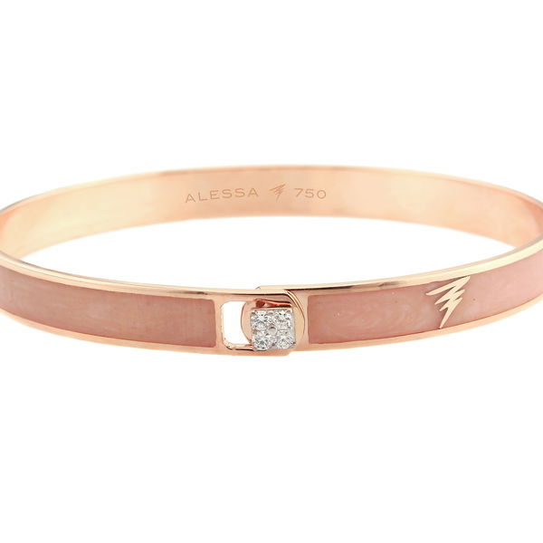 Closeup photo of Spectrum Bangle Bracelet with Rose Quartz Enamel and White Diamonds in 18kt Rose Gold - Size 17