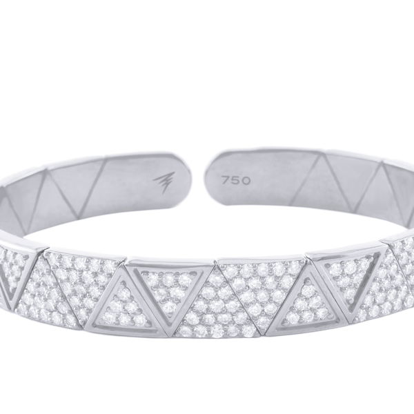 Closeup photo of Elixir Full Pave Open Back Cuff Bracelet with White Diamonds in 18kt White Gold - Size 19