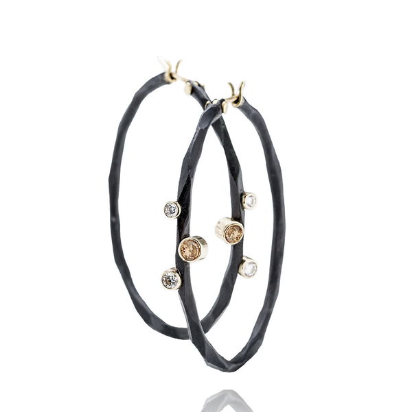 Closeup photo of Rogue River Medium Hoop Earrings with White and Cognac Diamonds in Black Chrome