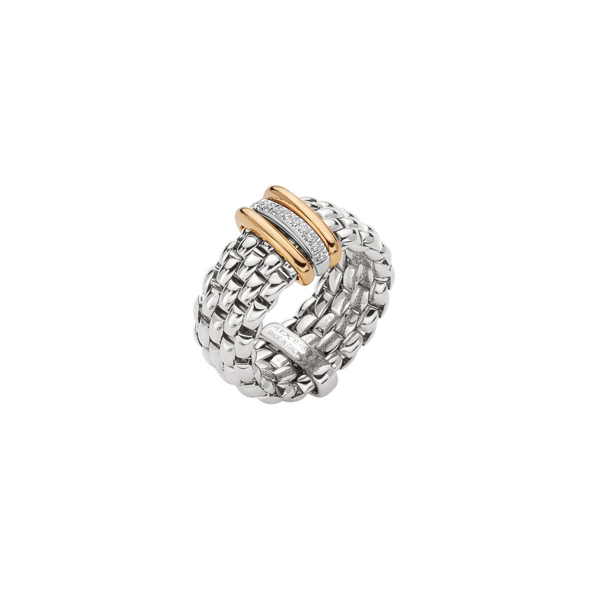 Panorama Ring in 18kt White Gold with 2 Plain Yellow Gold Bars and 1 White Diamond Pave Bar - XS