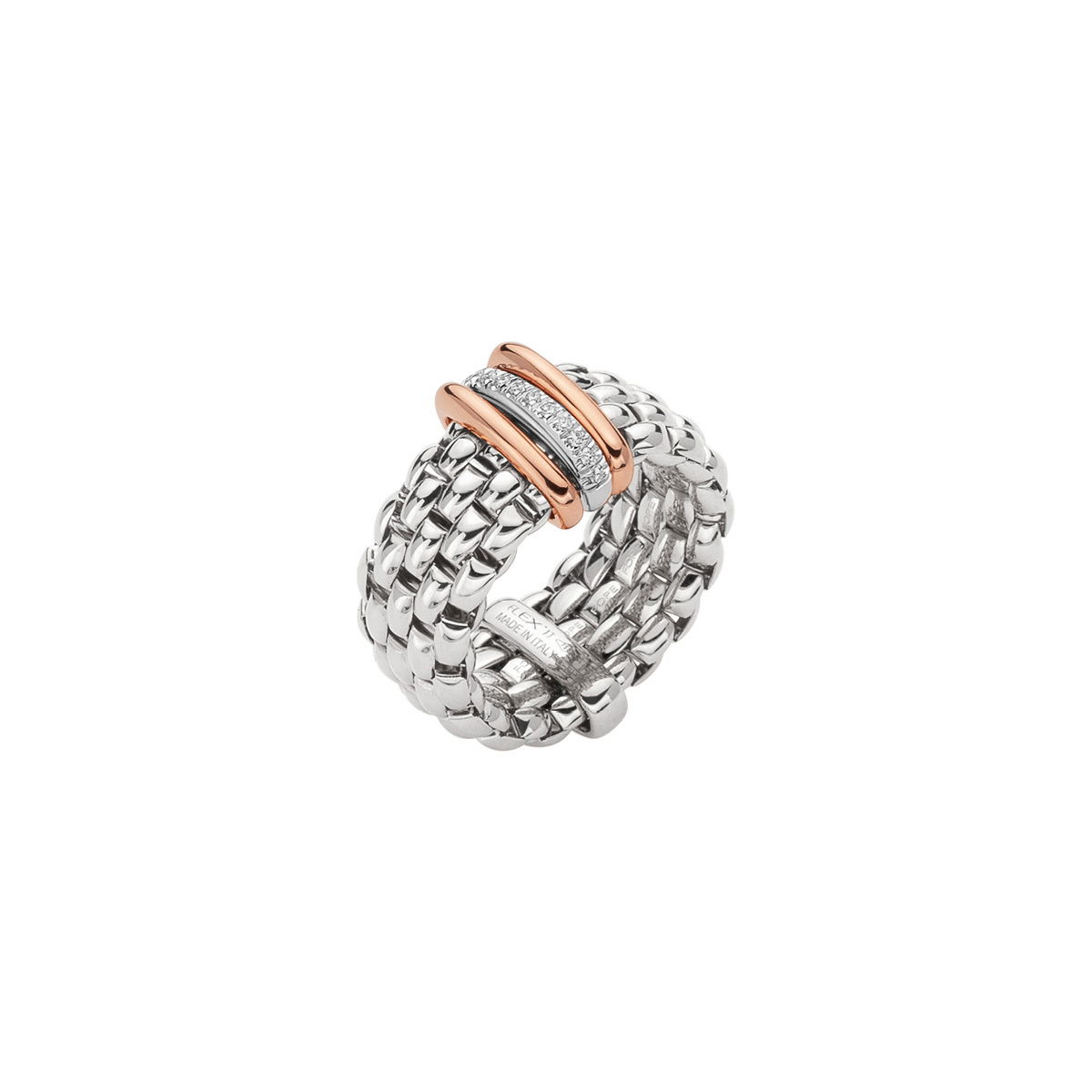 Panorama Ring in 18kt White Gold with 2 Plain Rose Gold Bars and 1 White Diamond Pave Bar - L
