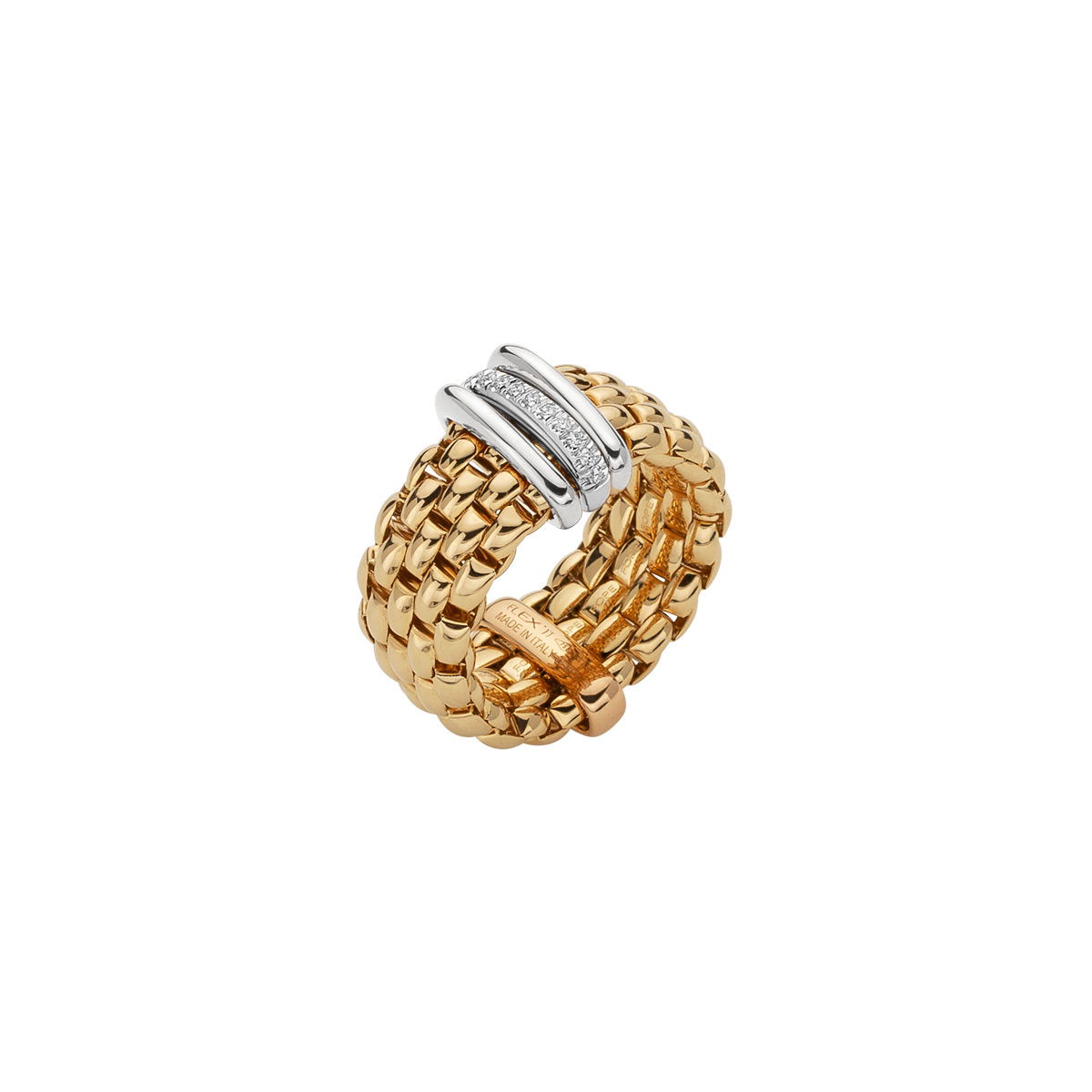 Panorama Ring in 18kt Yellow Gold with 2 Plain White Gold Bars and 1 White Diamond Pave Bar - XL