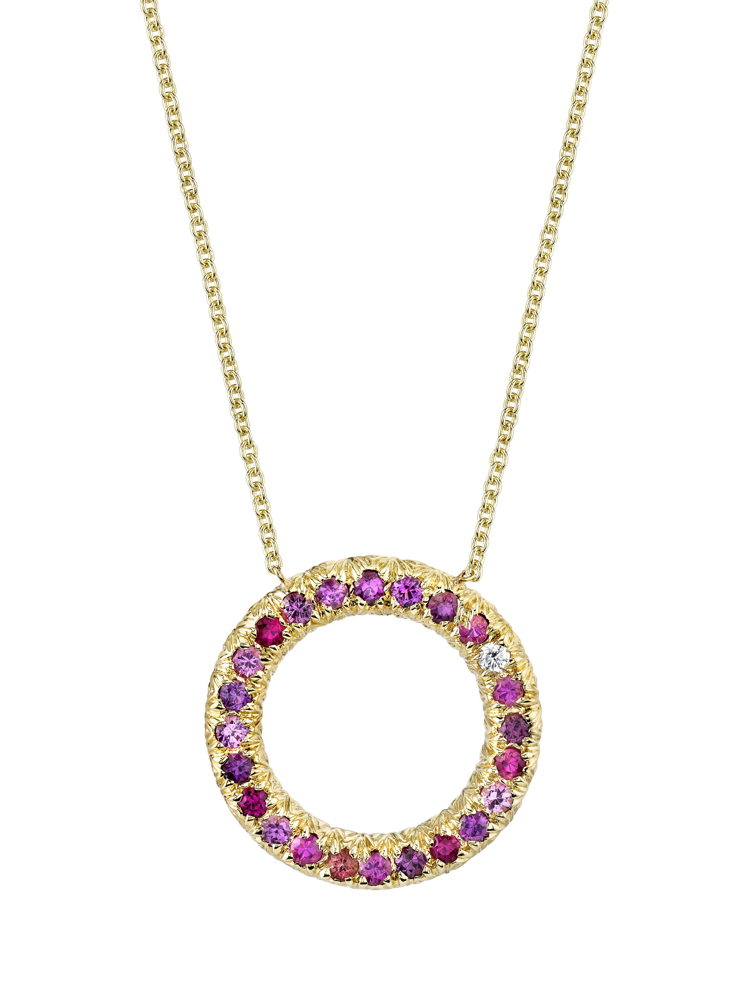Wide Embrace Pendant Necklace with Ruby, Sapphire and White Diamond in 18kt Yellow Gold by Aaron Henry - Circle pendant with ombre red rubies to pink sapphires and ending in one white diamond. There are 1.10ctw of rubies and sapphires and one 0.07ct white diamond all set in 18kt yellow gold. Wide Embrace Pendant Necklace with Ruby, Sapphire and White Diamond in 18kt Yellow Gold