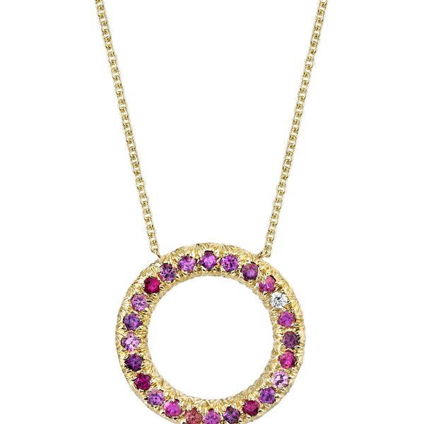 Wide Embrace Pendant Necklace with Ruby, Sapphire and White Diamond in 18kt Yellow Gold by Aaron Henry - Circle pendant with ombre red rubies to pink sapphires and ending in one white diamond. There are 1.10ctw of rubies and sapphires and one 0.07ct white diamond all set in 18kt yellow gold. Closeup photo of Wide Embrace Pendant Necklace with Ruby, Sapphire and White Diamond in 18kt Yellow Gold
