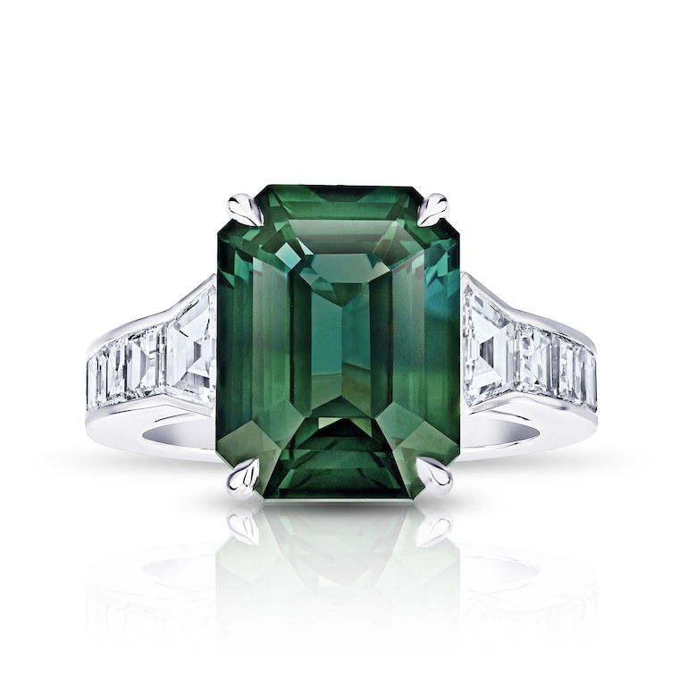 Emerald Cut Green Sapphire Ring with Trapezoid Diamonds in Platinum Ring