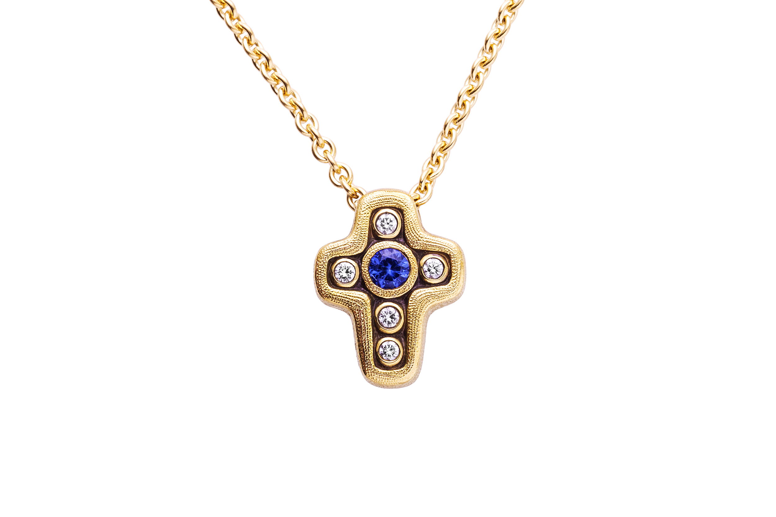 Cross Pendant Necklace with Blue Sapphire and White Diamonds in 18kt Yellow Gold