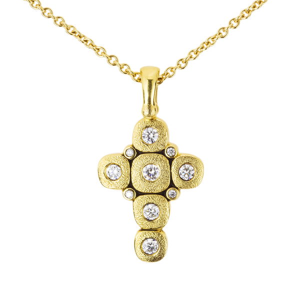 Closeup photo of Candy Cross Pendant Necklace with White Diamonds in 18kt Yellow Gold