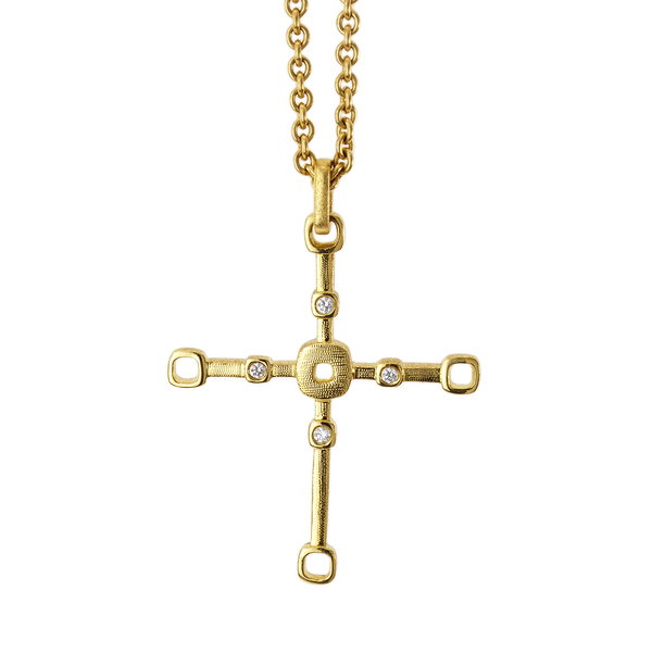 Closeup photo of Box Cross Pendant Style Necklace with White Diamonds in 18kt Yellow Gold