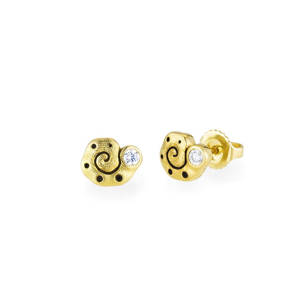 Closeup photo of Flora Stud Earrings with White Diamonds in 18kt Yellow Gold