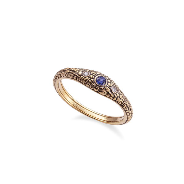Closeup photo of Carved Ring with Blue Sapphire and White Diamonds in 18kt Yellow Gold