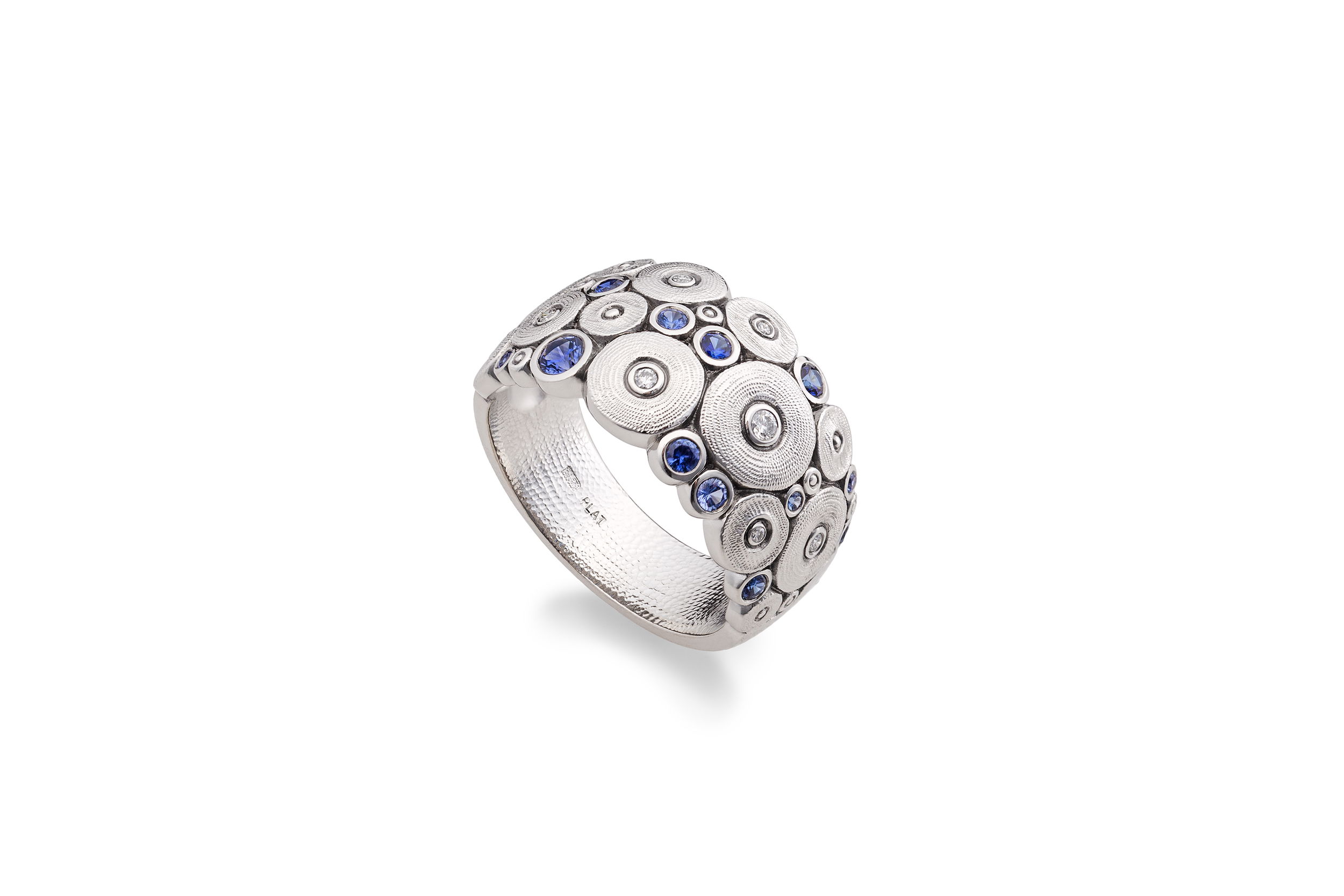 Ocean Dome Ring with Blue Sapphires and White Diamonds in Platinum
