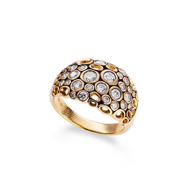 Closeup photo of Open Work Wide Dome Ring with White Diamonds in 18kt Yellow Gold