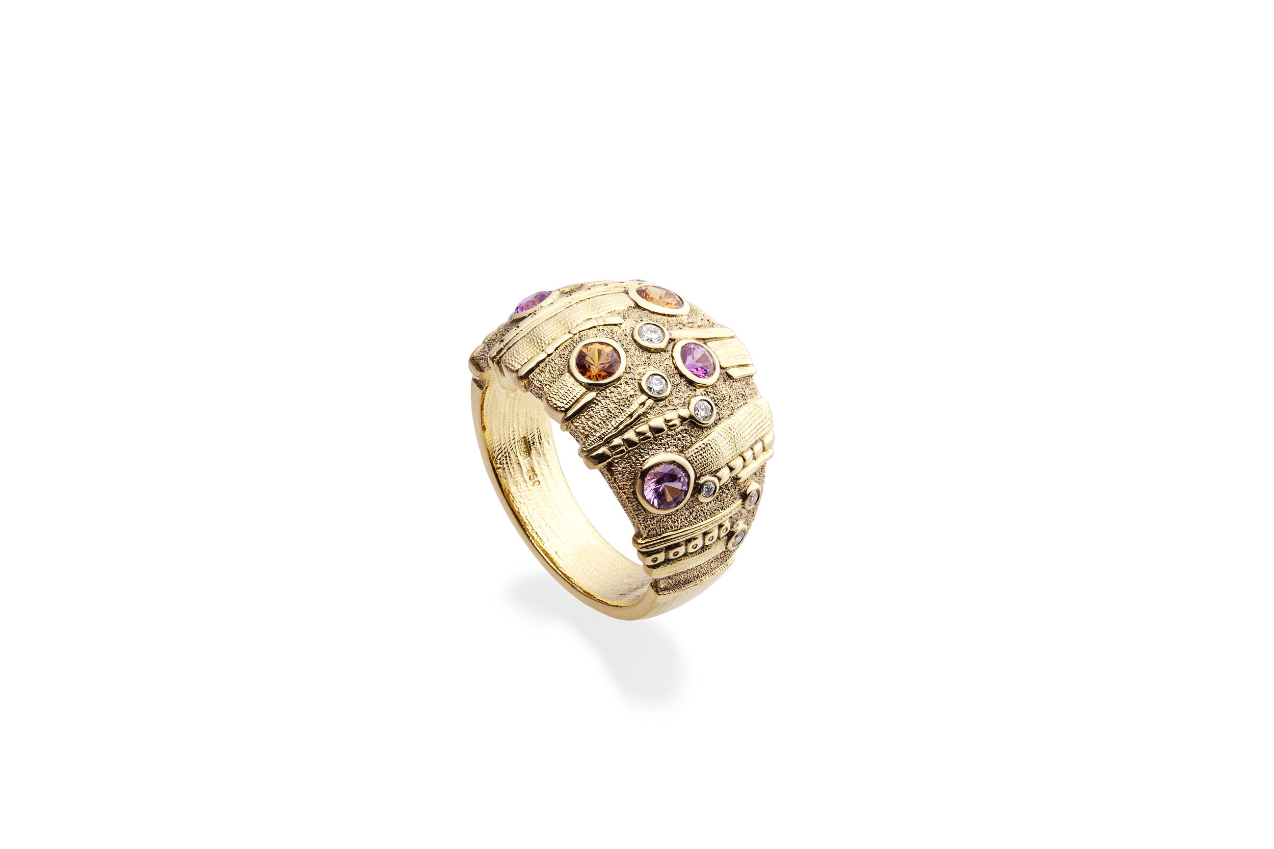 Sea Grass Dome Ring with Pink and Orange Sapphires in 18kt Yellow Gold