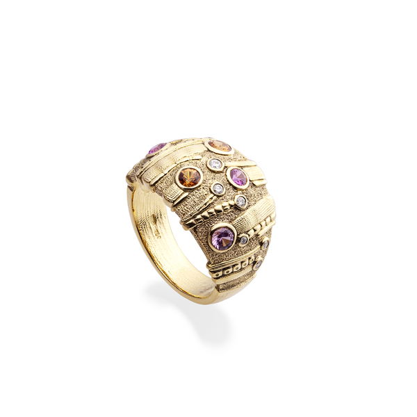 Closeup photo of Sea Grass Dome Ring with Pink and Orange Sapphires in 18kt Yellow Gold