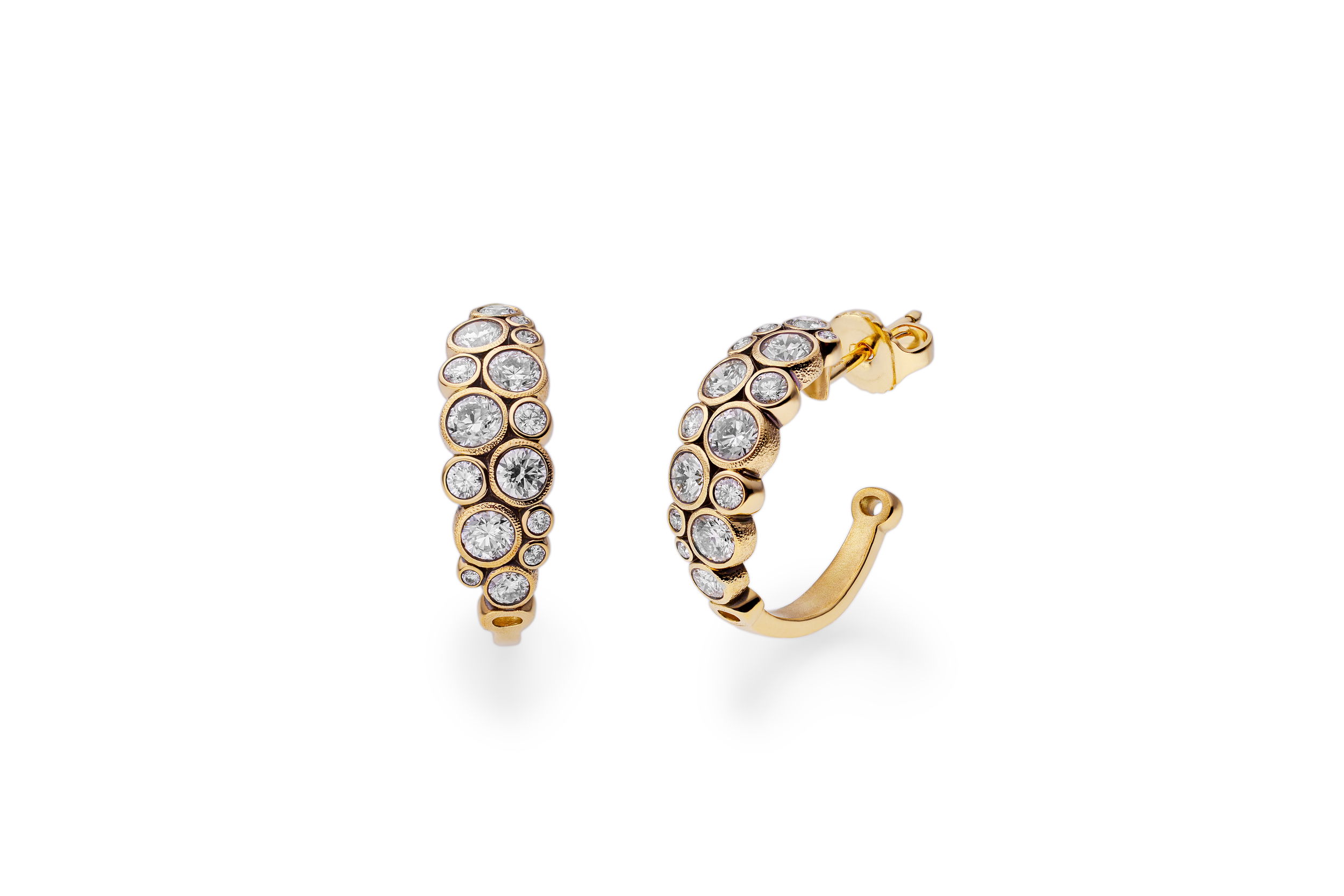 White Hoop Earrings with White Diamonds in 18kt Yellow Gold