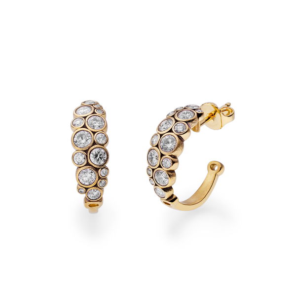 Closeup photo of White Hoop Earrings with White Diamonds in 18kt Yellow Gold