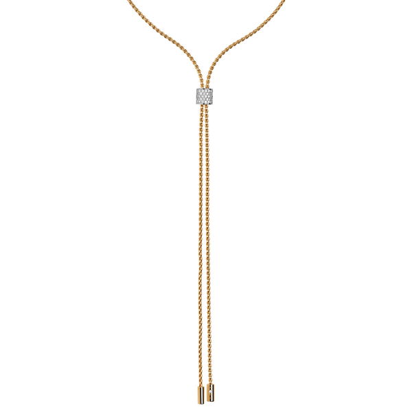 Closeup photo of Aria Double Lariat Necklace with Pave White Diamond Pull in 18kt Yellow Gold - 90cm