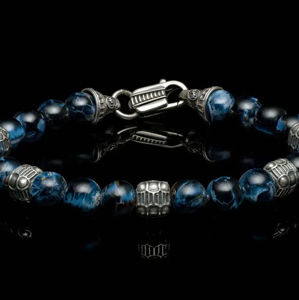 Closeup photo of Beaded Bracelet with Pietersite and Sterling Silver