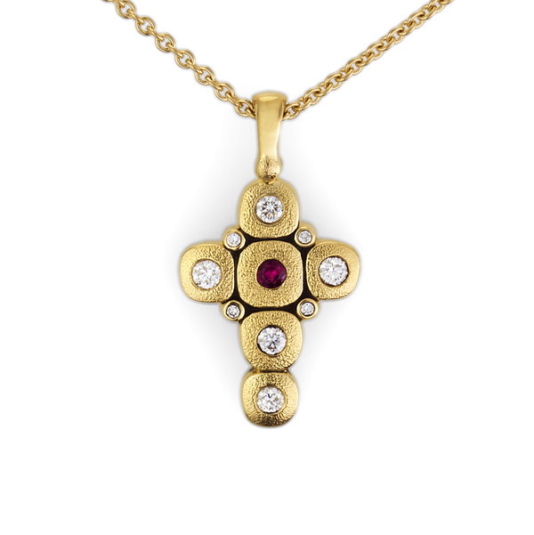 Closeup photo of Candy Cross Pendant Necklace with Blue Sapphire and White Diamonds in 18kt Yellow Gold