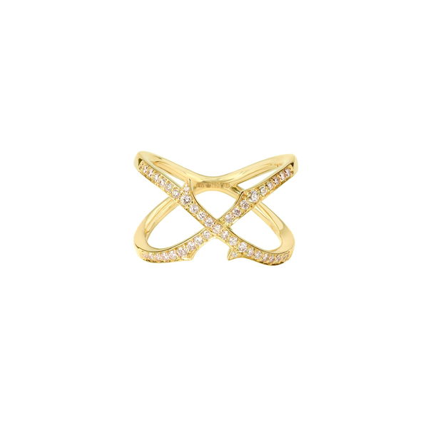 Closeup photo of Thorn Stem Mini Crossover Band Ring with White Diamonds in 18kt Yellow Gold - Size 7