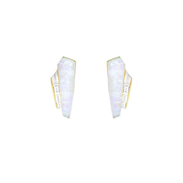 Closeup photo of CH2 Shard Slimline Cuff Earrings with White Opalescent in 18kt Yellow Gold