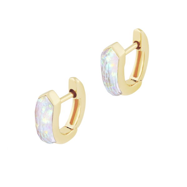 Closeup photo of CH2 Sleeper Huggie Hoop Earrings with White Opalescent in 18kt Yellow Gold