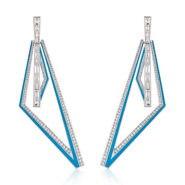 Closeup photo of Vertigo Obtuse Earrings with White Diamonds and Light Blue Enamel in 18kt White Gold