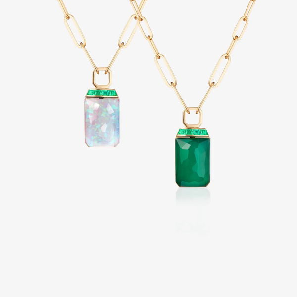 Closeup photo of CH2 Tablet Twister Pendant Necklace with Green Agate and White Opalescent in 18kt Yellow Gold - 18"
