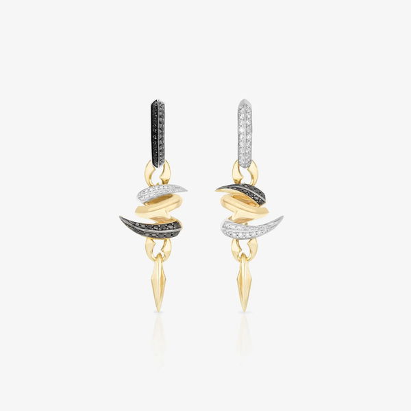 Closeup photo of Thorn Embrace Entwined Drop Earrings with White and Black Diamonds in 18kt White and Yellow Gold