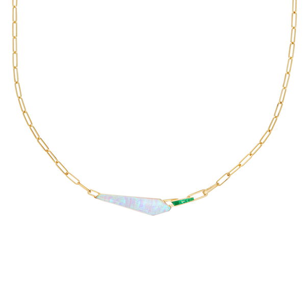Closeup photo of CH2 Shard Slimline Linked Choker Necklace with White Opalescent and Emeralds in 18kt Yellow Gold - 16.5"