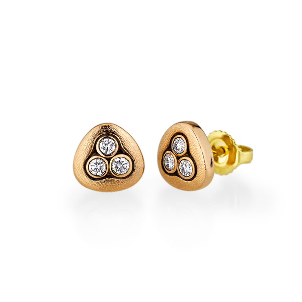 Closeup photo of Swirling Water Stud Earrings with White Diamonds in 18kt Yellow Gold