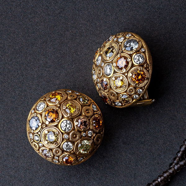 Closeup photo of Blooming Hill Button Earrings with Natural Color Diamonds in 18kt Yellow Gold