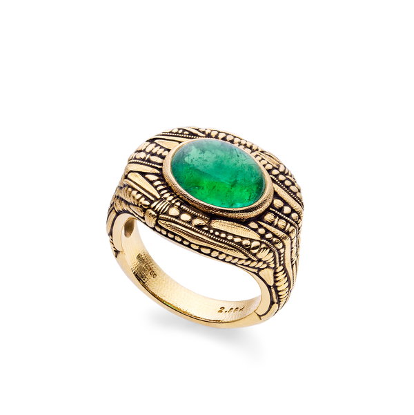 Closeup photo of Jane Ring with 2.86ct Cabochon Emerald in 18kt Yellow Gold