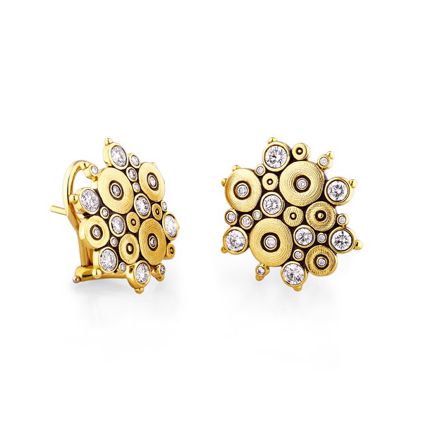 Closeup photo of Ocean Button Earrings with White Diamonds in 18kt Yellow Gold