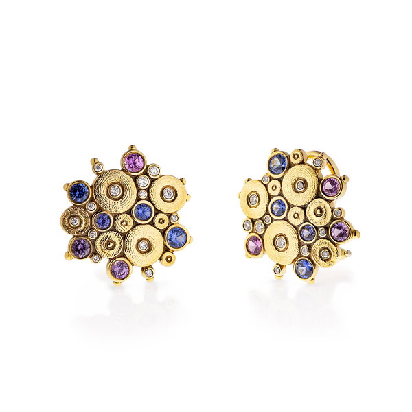 Closeup photo of Ocean Button Earrings with Blue, Purple and Violet Sapphires in 18kt Yellow Gold