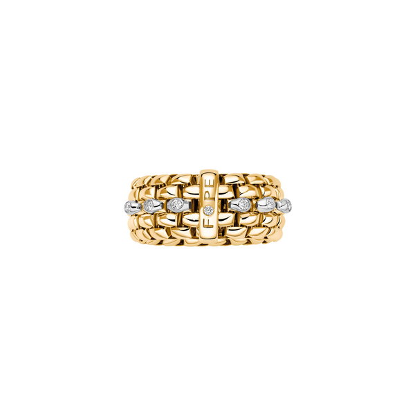 Closeup photo of Panorama Ring with Seven Spaced Bezel Set White Diamonds in 18kt Yellow Gold - XS