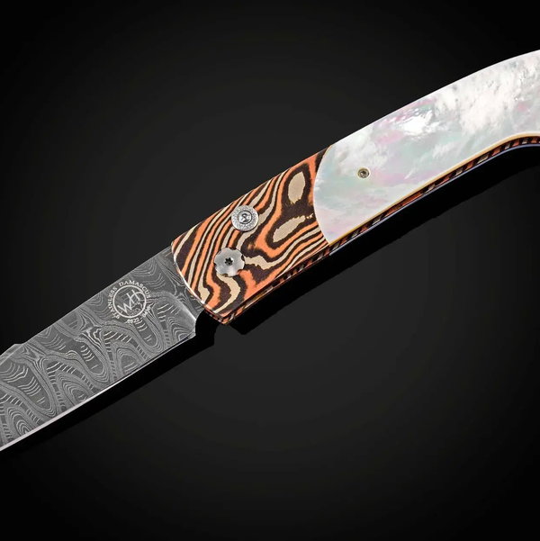 Closeup photo of B22 Dune Automatic Opening Folding Knife with Mokume Gane, Mother of Pearl and Damascus - 052/250