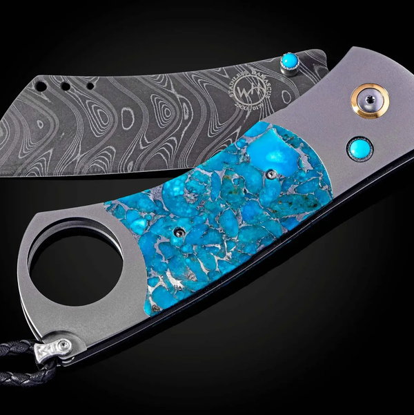 Closeup photo of CG1 Kingman II Titanium Cigar Cutter with Kingman Turquoise and Damascus Blade