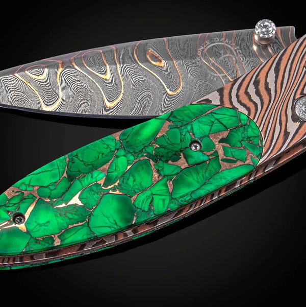 Closeup photo of B05 Kelly Mokume Gane Frame with 'Irish Green' Stone, 'Firestorm' Damascus - 005/100