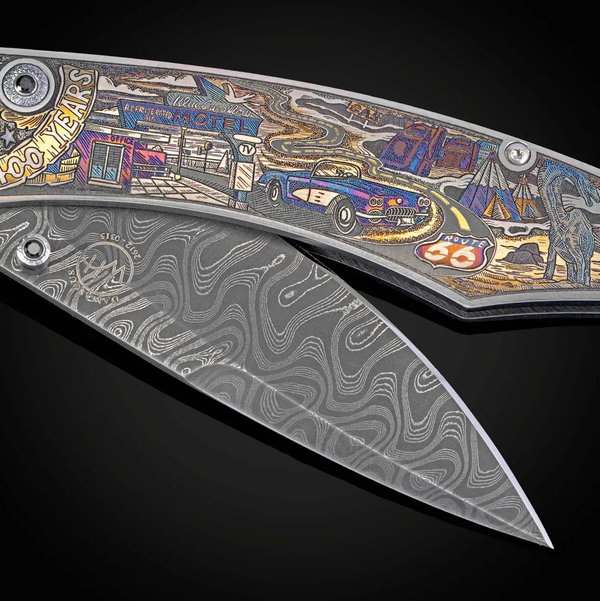 Closeup photo of B12 Route 66 100th Anniversary Color Laser-Engraved Titanium Folding Knife with Hand-Forged 'Meadows' Damascus Blade - 06/66