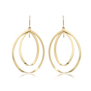 Closeup photo of Double Navette Bottom Twist Dangle Earrings in 14kt Yellow Gold