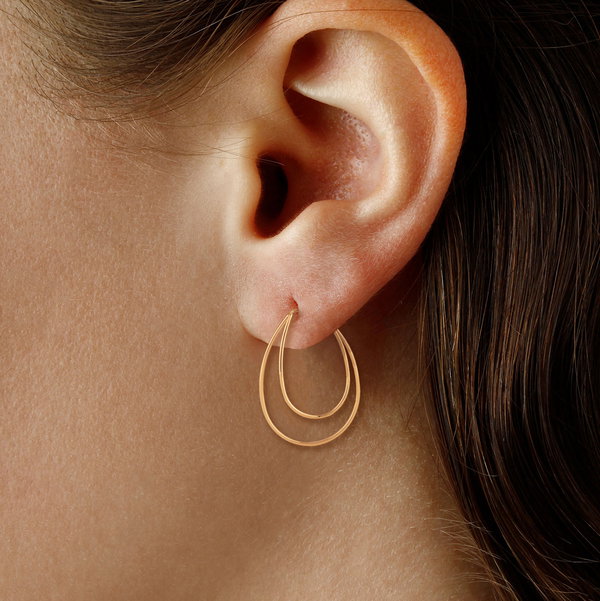 Closeup photo of Elongated Double Offset Oval Wire Hoop Earrings in 14kt Yellow Gold