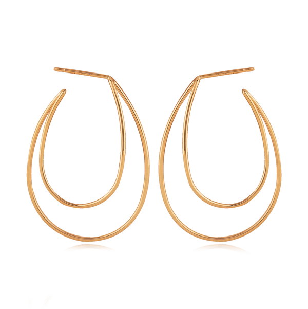 Closeup photo of Elongated Double Offset Oval Wire Hoop Earrings in 14kt Yellow Gold