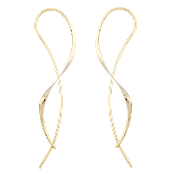Closeup photo of Flared Crossover Wire Stick Earrings in 14kt Yellow Gold