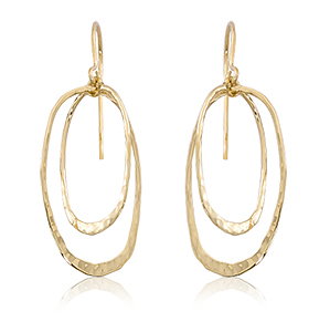 Closeup photo of Mini Dual Oval Hammered Orbit Dangle Earrings in 14kt Yellow Gold