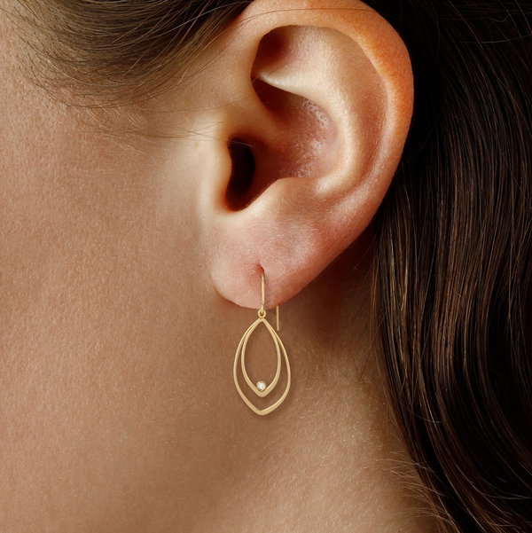 Closeup photo of Mini Double Teardrop Dangle Earrings with Diamonds in 14kt Yellow Gold