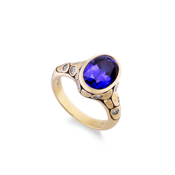 Closeup photo of Monica Center Stone Ring with Tanzanite in 18kt Yellow Gold