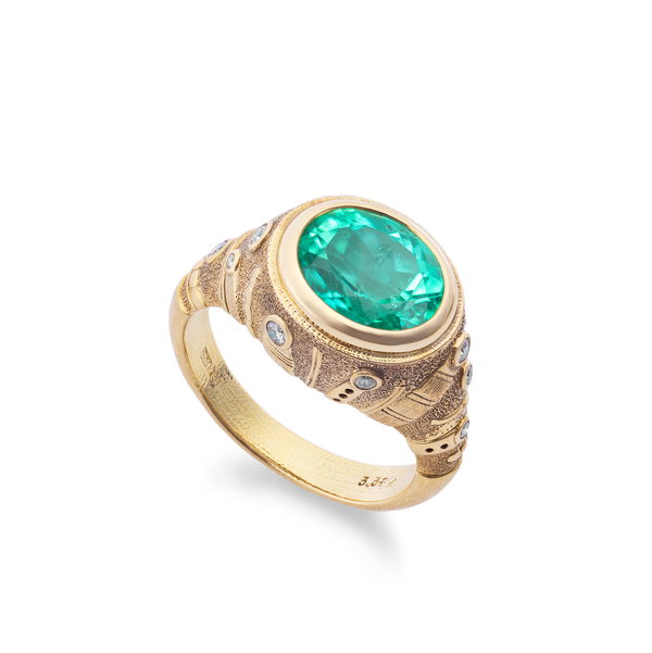 Closeup photo of Sea Grass Center Stone Ring with Emerald in 18kt Yellow Gold